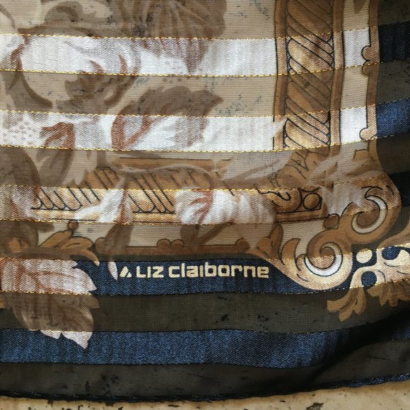 Vintage Silk Scarf Black White Gold Liz Claiborne - Picture 4 of 6